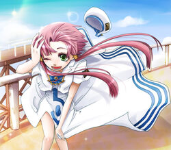  aria_(manga) aria_company_uniform blouse clothing_cutout commentary_request dress dress_tug female green_eyes hair_tubes hat kagura_(anomalo-anima) long_dress mizunashi_akari one_eye_closed pink_hair sailor_collar shirt short_hair_with_long_locks short_sleeves side_slit sidelocks solo uniform unworn_hat unworn_headwear white_dress white_shirt wind wind_lift 