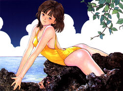  1990s_(style) ass brown_eyes brown_hair cloud day den&#039;ei_shoujo female hayakawa_moemi katsura_masakazu leaf lying ocean on_stomach one-piece_swimsuit outdoors red_eyes retro_artstyle short_hair smile solo swimsuit water 