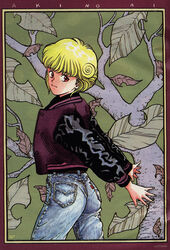  1990s_(style) amano_ai art_nouveau artist_request blonde_hair den&#039;ei_shoujo denim female highres jacket jeans pants photoshop_(medium) red_eyes retro_artstyle solo tree 