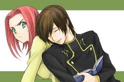  1boy ashford_academy_school_uniform bad_id bad_pixiv_id brown_hair code_geass female green_eyes kouzuki_kallen lelouch_vi_britannia red_hair school_uniform short_hair touichi 