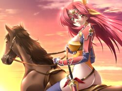  ass circlet female game_cg horse ikazuchi_no_senshi_raidy kazuma_muramasa leotard long_hair raidy red_eyes red_hair solo sword thighhighs thong_leotard weapon yellow_leotard 