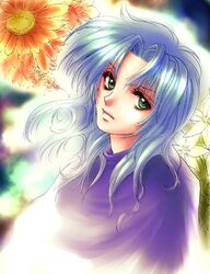  1boy androgynous artist_request blue_hair blush chrono_trigger flower green_eyes head_tilt janus_zeal long_hair looking_at_viewer male_focus plant robe solo 