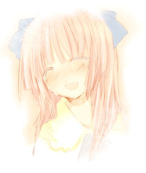  ^_^ artist_request blue_neckwear blue_ribbon blunt_bangs border closed_eyes crying elfen_lied fading_border female hair_over_shoulder hair_ribbon happy happy_tears long_hair mariko_(elfen_lied) medium_hair open_mouth photoshop_(medium) pink_hair ribbon shirt smile solo tears upper_body yellow_shirt 