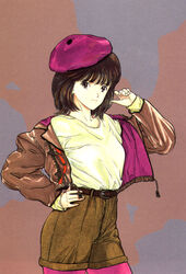  1990s_(style) belt beret brown_eyes brown_hair den&#039;ei_shoujo female hat hayakawa_moemi highres jacket katsura_masakazu pantyhose retro_artstyle shadow short_hair shorts smile solo 