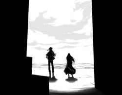  1boy beach cleo_everlastin cloud cloudy_sky commentary_request day dress female from_behind greyscale horizon long_hair long_sleeves majutsushi_orphen monochrome orphen outdoors sand scenery silhouette sky standing water yuuki_(yuuki333) 