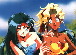  1990s_(style) 2girls artist_request blonde_hair blue_eyes breasts cleavage curtained_hair earrings green_hair jewelry kuramitsu_mihoshi large_breasts makibi_kiyone multiple_girls official_art one_eye_closed retro_artstyle scan scan_artifacts tenchi_muyou! tenchi_muyou!_uchuu_hen 