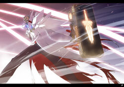  1boy battle commentary_request gil_graham highres i-iv_(longman) laser letterboxed lyrical_nanoha mahou_shoujo_lyrical_nanoha male_focus photoshop_(medium) solo suitcase 