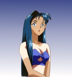  1990s_(style) :o artist_request blue_background blue_eyes blue_hair cel earrings female gradient_background highres jewelry long_hair makibi_kiyone retro_artstyle shirt_tan simple_background solo tan tanlines tenchi_muyou! tenchi_muyou!_uchuu_hen 