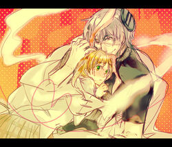  1boy bad_id bad_pixiv_id blonde_hair female franken_stein_(soul_eater) glasses green_eyes grey_hair heart height_difference hug kotono letterboxed maka_albarn object_through_head scar screw_in_head soul_eater star_(symbol) 