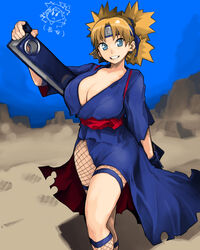  bad_id bad_pixiv_id blonde_hair blue_eyes breasts brown_hair chibi chibi_inset cleavage commentary_request female fishnet_legwear fishnets forehead_protector hand_fan holding large_breasts legs naruto naruto_(series) naruto_shippuuden outdoors quad_tails short_hair solo standing sunagakure_symbol takayama_toshinori temari_(naruto) translation_request 