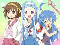  &gt;_&lt; 3girls ahoge bad_id bad_pixiv_id blue_hair blue_sailor_collar blue_skirt brown_hair closed_eyes cosplay costume_switch hair_tubes hirano_aya izumi_konata kannagi kita_high_school_uniform long_hair lucky_star maruki_(punchiki) multiple_girls nagi_(kannagi) nagi_(kannagi)_(cosplay) ryouou_school_uniform sailor_collar school_uniform serafuku short_hair skirt suzumiya_haruhi suzumiya_haruhi_(cosplay) suzumiya_haruhi_no_yuuutsu voice_actor_connection winter_uniform 