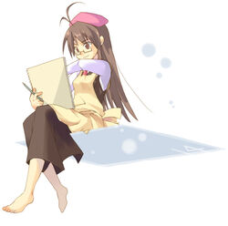  antenna_hair apron barefoot beret female glasses hat imperium_graphices mahou_sensei_negima! pencil saotome_haruna sitting sketchbook solo wooden_pencil 