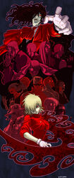  6+boys 6+girls alexander_anderson alucard_(hellsing) amputee ascot black_hair blonde_hair blood blood_on_face captain_(hellsing) cigar cigarette commentary_request darkness dated doctor_(hellsing) enrico_maxwell everyone eyepatch garrote glasses gloves grin gun hair_over_one_eye hat heinkel_wolfe hellsing highres integra_hellsing katana long_hair major_(hellsing) multiple_boys multiple_girls musket necktie ozawa_tomohiro pip_bernardotte ponytail red_eyes red_theme rip_van_winkle schroedinger_(hellsing) scythe seras_victoria sharp_teeth short_hair smile smoking sword takagi_yumie teeth vampire walter_c._dornez weapon werewolf zorin_blitz 