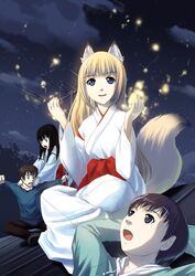  2boys 2girls animal_ears bad_id bad_pixiv_id black_hair blonde_hair blue_eyes fox_ears japanese_clothes kimono kou_(wagaya) long_hair miko multiple_boys multiple_girls night rooftop tail takagami_noboru takagami_tooru tateichi tenko_kuugen wagaya_no_oinari-sama 