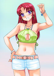  bad_id bad_pixiv_id belt bracelet cleavage_cutout clothing_cutout commentary_request denim denim_shorts earrings female gundam gundam_seed gundam_seed_destiny hand_on_own_hip jewelry long_hair meyrin_hawke midriff navel necklace purple_eyes red_hair shorts solo tooru_jin white_shorts 