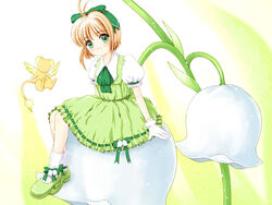  :d antenna_hair brown_hair cardcaptor_sakura dress female flower gloves green_dress green_eyes green_footwear green_ribbons hair_ribbon kero_(cardcaptor_sakura) kinomoto_sakura lily_of_the_valley mini_person minigirl open_mouth puffy_short_sleeves puffy_sleeves ribbon ribbon-trimmed_clothes ribbon_trim shoes short_hair short_sleeves sitting smile socks solo_focus takano_hayato white_gloves white_legwear 