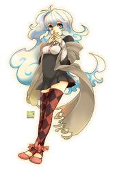  argyle_clothes argyle_legwear bad_id bad_pixiv_id blue_eyes casual dress fashion female highres legs long_hair multicolored_hair nia_teppelin scarf side_ponytail skirt smile solo tengen_toppa_gurren_lagann thighhighs todoroki_sora toeless_legwear very_long_hair white_hair zettai_ryouiki 