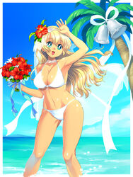  aqua_eyes beach bell bikini blonde_hair bouquet breasts bridal_veil cloud commentary_request day female flower gem gimei hibiscus jewelry long_hair necklace nontraditional_wedding_dress ocean original outdoors palm_tree pearl_(gemstone) sky smile solo summer swimsuit tree veil wedding white_bikini 