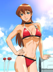  1960s_(style) abs arm_support bikini blue_eyes blue_sky breasts brown_hair choker cleavage cloud commentary_request cowboy_shot day female hair_between_eyes large_breasts long_hair looking_at_viewer open_mouth outdoors pink_lips red_bikini retro_artstyle riimu_stream sky smile solo standing sun swimsuit tp_bon ueyama_michirou underboob 