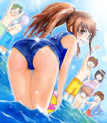  2girls 5boys asahina_mitsuru ass bad_id bad_pixiv_id ball beachball bent_over brown_eyes brown_hair genderswap_(ftm) genderswap_(mtf) koizumi_itsuki_(female) kyonko kyonko&#039;s_brother mayo_riyo multiple_boys multiple_girls nagato_yuuki one-piece_swimsuit outdoors ponytail rule_63 school_swimsuit sparkle suzumiya_haruhi_no_yuuutsu suzumiya_haruhiko swimsuit tsuruya-senpai 