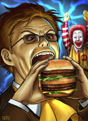  2boys afro arms_up black_eyes brown_eyes brown_hair burger clown commentary_request dated eating facepaint fast_food food formal glasses gloves jewelry long_sleeves male_focus matataku mcdonald&#039;s megamac multiple_boys muska necklace ran_ran_ru red_hair ronald_mcdonald signature suit sunglasses tenkuu_no_shiro_laputa yellow_gloves 