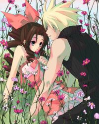  1boy aerith_gainsborough bad_id bad_pixiv_id bare_shoulders blonde_hair blue_eyes bow brown_hair bud cloud_strife commentary_request cosmos_(flower) couple dress drill_hair female final_fantasy final_fantasy_vii final_fantasy_vii_advent_children flower hairbow hidaka_ryou kingdom_hearts kingdom_hearts_ii long_hair love_at_first_sight outdoors photoshop_(medium) pink_bow pink_dress pink_flower sleeveless sleeveless_turtleneck spiked_hair straight turtleneck white_flower 