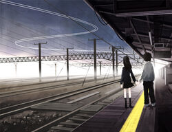  1boy bad_id bad_pixiv_id black_hair female holding_hands inaba_taiju long_hair original outdoors overhead_line power_lines railroad_tracks train_station 