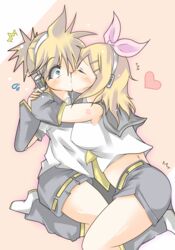  1boy brother_and_sister commentary_request female guunome incest kagamine_len kagamine_rin kissing siblings straight surprise_kiss surprised twincest twins vocaloid 