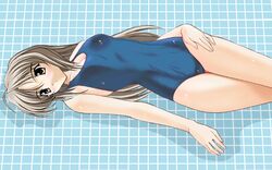  artist_request brown_hair female futami_shion imageboard_desourced long_hair lying memories_off memories_off_1 non-web_source on_back one-piece_swimsuit school_swimsuit solo swimsuit wet yellow_eyes 