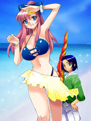  1boy athrun_zala bad_id bad_pixiv_id beach beach_umbrella bikini blue_eyes blue_hair bow bracelet breasts commentary_request day female green_eyes gundam gundam_seed gundam_seed_destiny hair_ornament hairbow jewelry large_breasts long_hair meer_campbell outdoors pink_hair sarong star_(symbol) star_hair_ornament swimsuit tooru_jin umbrella yellow_sarong 