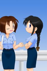  2girls black_hair blue_eyes brown_hair chibi commentary_request guard_rail kobayakawa_miyuki long_hair miniskirt multiple_girls one_eye_closed pencil_skirt police police_uniform policewoman profile red_eyes saikuro short_hair skirt taiho_shichauzo tsujimoto_natsumi uniform 