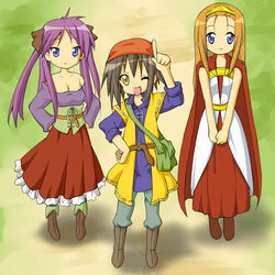  3girls bare_shoulders blue_eyes breasts brown_hair cleavage commentary_request cosplay dragon_quest dragon_quest_viii dress hair_ribbon hero_(dq8) hero_(dq8)_(cosplay) hiiragi_kagami jessica_albert jessica_albert_(cosplay) kusakabe_misao lucky_star medea_(dq8) medea_(dq8)_(cosplay) minegishi_ayano multiple_girls one_eye_closed purple_hair purple_shirt ribbon ruu_(tksymkw) shirt short_hair small_breasts twintails yellow_eyes 