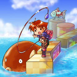  androgynous artist_request brown_hair chibi female fish fishing_hook fishing_line fishing_lure holding short_hair solo umihara_kawase umihara_kawase_(character) 