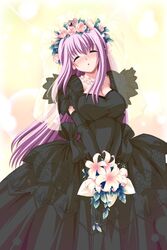  absurdres black_dress blush bouquet breasts bridal_veil bride cleavage closed_eyes crown dark_bride dress female flower game_cg hagall_valkyr hat highres large_breasts purple_hair shirogane_no_soleil solo tsurugi_hagane veil wedding_dress 