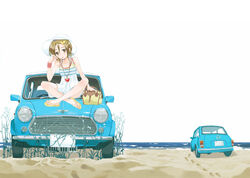  beach car dress female kazuto_izumi legs mini_cooper motor_vehicle ocean original photoshop_(medium) solo sundress vehicle_focus 