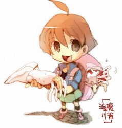  :d ahoge androgynous artist_request backpack bag black_eyes brown_hair female fish open_mouth short_hair simple_background skirt smile solo squid umihara_kawase umihara_kawase_(character) 