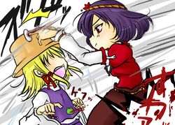  2girls blonde_hair blood blood_from_mouth eye_poke hat moriya_suwako multiple_girls poking purple_hair pyonta red_eyes touhou yasaka_kanako yusura_(kumquat3228) 