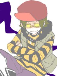  1boy bad_id bad_pixiv_id baseball_cap crossed_arms evil_smile fur_trim glasses goggles hara_chan hat hatena_(pop&#039;n_music) jewelry looking_at_viewer looking_back male_focus mzd necklace pendant pop&#039;n_music shaded_face shirt simple_background smile solo striped_clothes striped_shirt vest white_background 