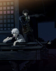  2boys bad_id bad_pixiv_id black_hair candy cigarette dark food gintama hadanugi_dousa hijikata_toushirou japanese_clothes kimono lollipop long_sleeves lovecom male_focus multiple_boys night open_clothes open_kimono sakata_gintoki short_sleeves smoking swirl_lollipop uniform white_hair 