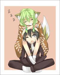  1boy animal_ears closed_eyes couple female green_hair grey_eyes japanese_clothes original saitou_kon shingetsu_takehito silver_hair straight tail 