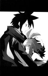  1boy ash_(phantom_brave) female greyscale hug marona_(phantom_brave) monochrome nippon_ichi phantom_brave photoshop_(medium) tears 