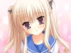  blonde_hair bra-ban! close-up female game_cg head_tilt hibarigaoka_yuki imageboard_desourced long_hair looking_at_viewer mole mole_under_eye muririn non-web_source purple_eyes school_uniform serafuku solo twintails 