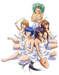  5girls ;d ahoge antenna_hair aqua_eyes bare_shoulders barefoot bed_sheet blue_eyes blue_hair bob_cut breasts brown_hair cleavage collarbone crossed_arms dark-skinned_female dark_skin eyepatch feet glasses green_eyes green_hair hair_between_eyes hair_bobbles hair_ornament hair_over_one_eye hair_over_shoulder hand_on_own_chest hand_on_own_thigh ikkitousen ikkitousen_eloquent_fist jpeg_artifacts kan&#039;u_unchou large_breasts long_hair looking_at_viewer low-tied_long_hair mole mole_under_mouth multiple_girls naked_sheet official_art one_eye_closed open_mouth orange_hair purple_hair rin-sin ryofu_housen ryomou_shimei ryuubi_gentoku scrunchie seiza short_hair short_twintails sideboob sidelocks simple_background sitting smile sonsaku_hakufu spread_legs tan taut_clothes twintails v very_long_hair watermark white_background yellow_eyes yokozuwari 