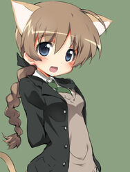  aikei animal_ears blazer blue_eyes braid brown_hair cat_ears cat_girl cat_tail female hair_ribbon jacket long_hair lowres lynette_bishop necktie open_mouth ribbon single_braid solo strike_witches tail world_witches_series 