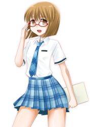  bob_cut brown_eyes brown_hair female glasses hagiwara_yukiho idolmaster idolmaster_(classic) idolmaster_live_for_you! necktie plaid plaid_skirt rough_time_school_(idolmaster) school_uniform short_hair skirt solo sugar_(sugarless) 