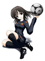  adidas as_roma ball black_eyes black_hair female imageboard_desourced kappa_(clothes) kneehighs non-web_source short_hair soccer soccer_ball soccer_uniform socks solo sportswear tango_(soccer_ball) 