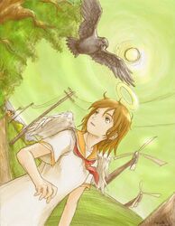  angel angel_wings artist_request bird brown_eyes brown_hair crow dutch_angle feathered_wings female haibane_renmei halo highres orange_sailor_collar outdoors photoshop_(medium) power_lines rakka_(haibane) sailor_collar short_hair solo static_cling sun wind_turbine wings 