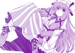  alternate_hairstyle bad_id bad_pixiv_id blush boots bow capelet crescent crescent_hat_ornament cross-laced_footwear dress female hair_ribbon hat hat_ornament ibuki_pon long_hair long_sleeves looking_at_viewer monochrome panties pantyshot patchouli_knowledge purple_theme ribbon simple_background sitting socks solo striped_clothes striped_dress touhou underwear very_long_hair white_background 