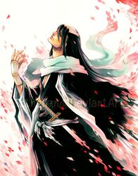  1boy artist_request black_hair bleach haori japanese_clothes kuchiki_byakuya long_hair male_focus petals scarf senbonzakura_(shikai) solo sword taichou_haori weapon 