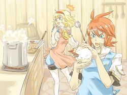  1boy :d :o ^^^ apron aqua_eyes artist_request ascot barrel blonde_hair blue_apron blue_eyes blush boiling boots breasts cooking cooking_pot cutting_board failure female floor food green_eyes hairband holding holding_food indoors kitchen kitchen_knife knife ladle long_sleeves looking_back luke_fon_fabre medium_breasts natalia_luzu_kimlasca_lanvaldear onigiri open_mouth pantyhose planted planted_knife red_apron red_hair short_hair short_sleeves shrimp smile standing stove sweatdrop tales_of_(series) tales_of_the_abyss thigh_boots thighhighs utensil_rack v-shaped_eyebrows weapon white_legwear wooden_wall yellow_ascot 